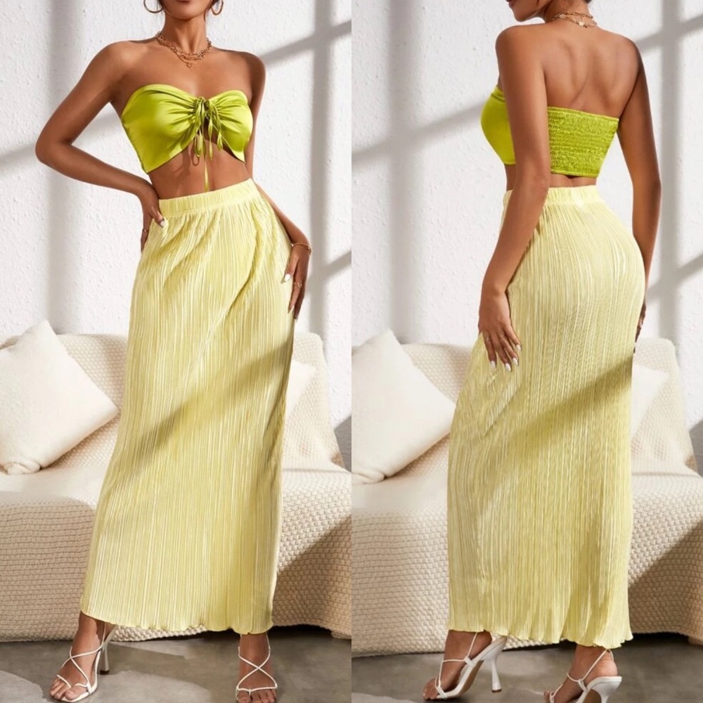Shein Shirred Back Drawstring Ruched Front Crop Tube Top & Plisse Skirt Set